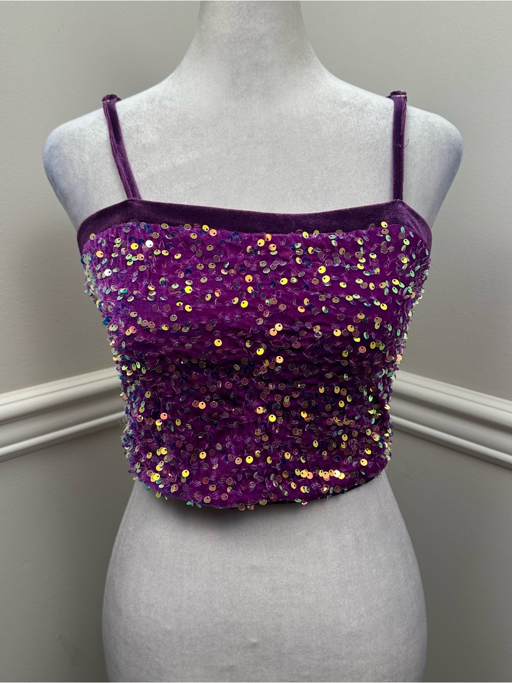 Allegra K Purple Sequin Velvet Crop Cami XS NEW